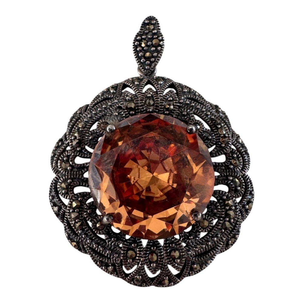 Vintage Art Deco 925 Sterling Silver Marcasite Citrine Pendant Faceted